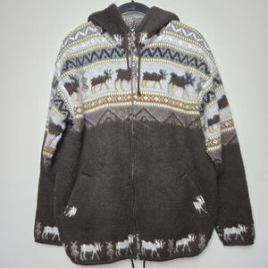 Artesanias Tuntaquimba Mens Nordic Full Zip Wool Jacket Large Brown Hooded Lodge